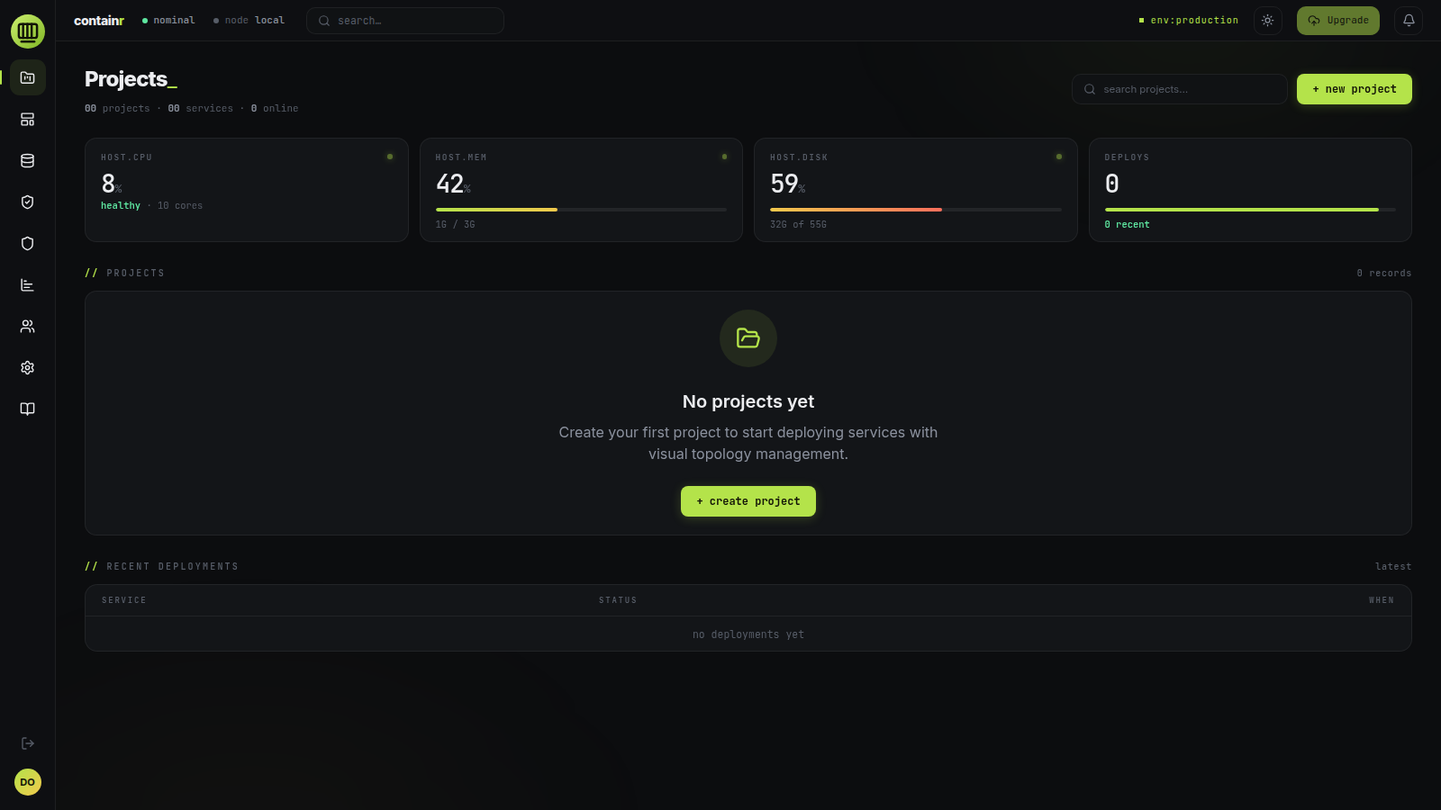Projects dashboard with host telemetry