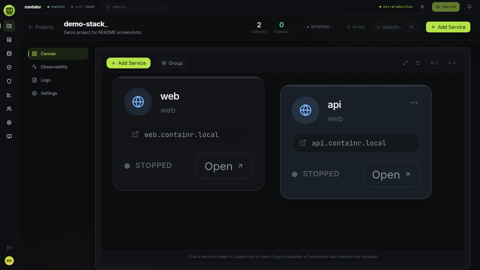 Visual service canvas with two services