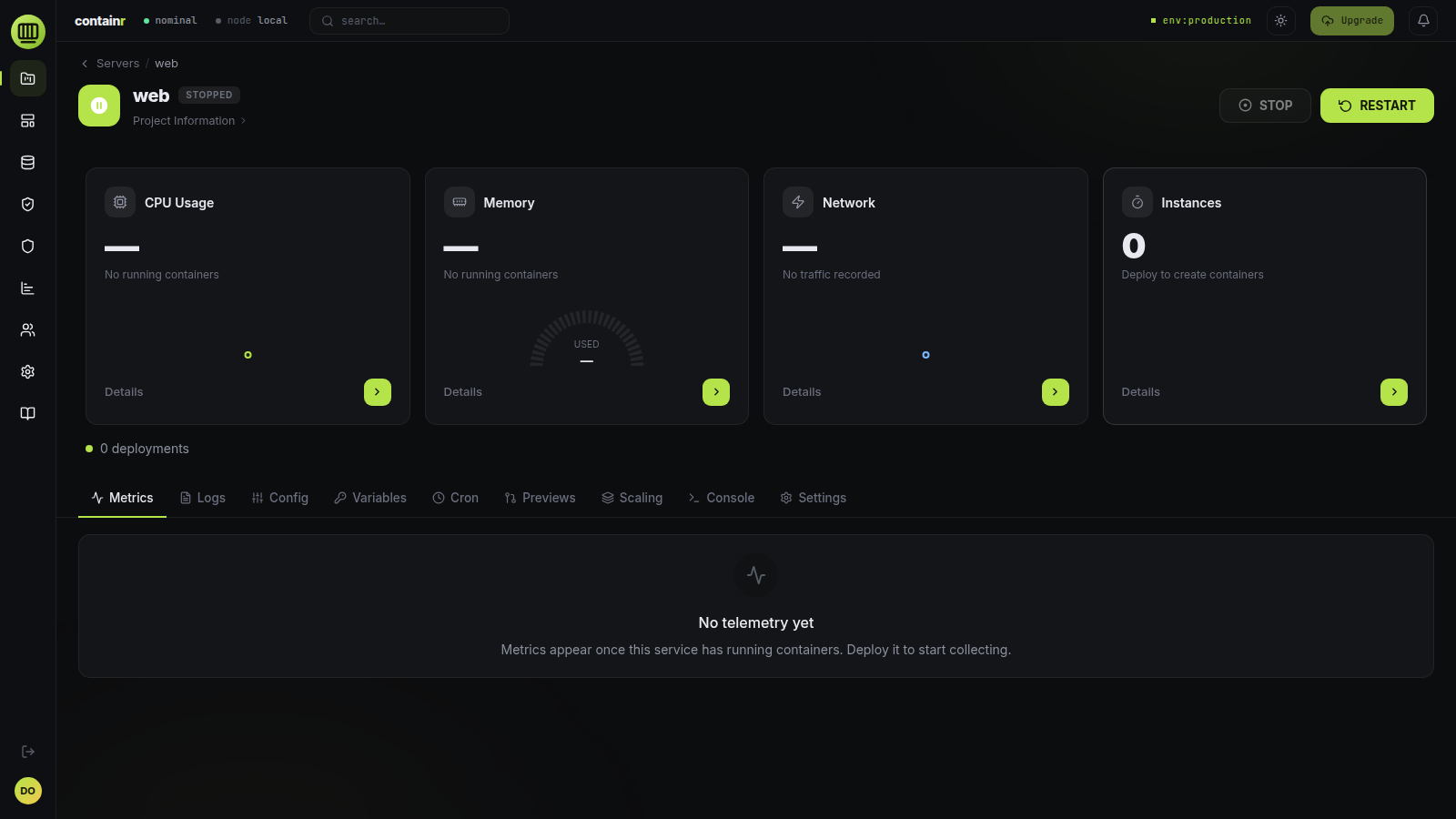 Service view with metrics, logs and config tabs